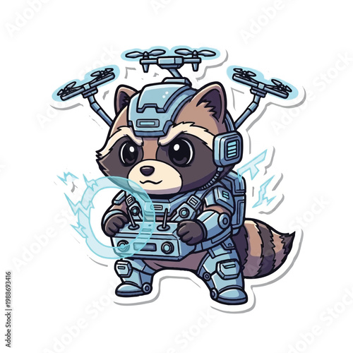 Cute raccoon wearing futuristic armor and piloting a drone.