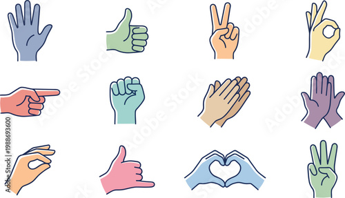 Colorful hand gesture vector illustrations in various signs and symbols
