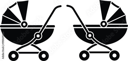 Two black baby strollers silhouettes on transparent background.