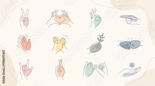 Colorful vector illustration of various hand gestures and signs in a modern minimalist style with pastel colors and abstract background