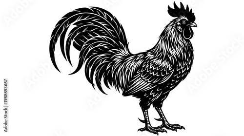 Black Rooster Illustration Side View.