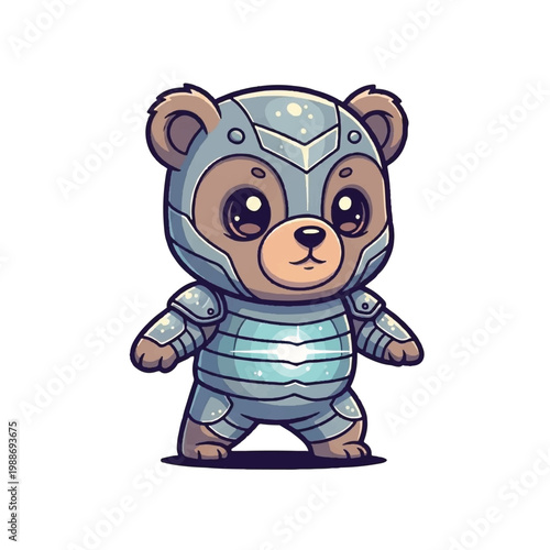 Cute cartoon bear warrior in shiny metal armor standing.