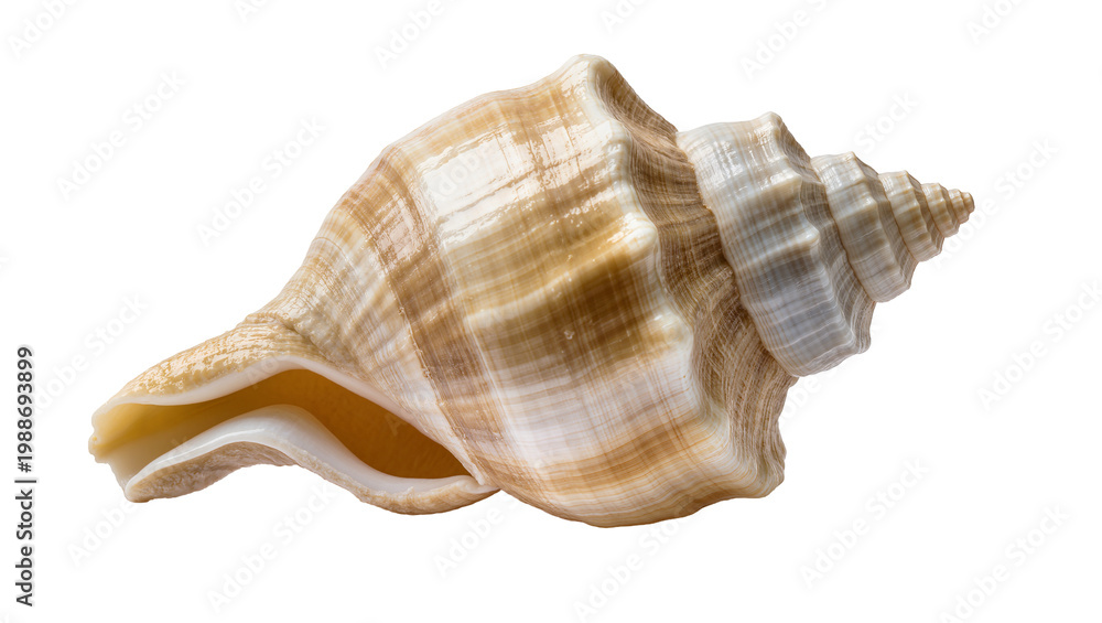 Obraz premium Spiral seashell with brown and white stripes, isolated on transparent background