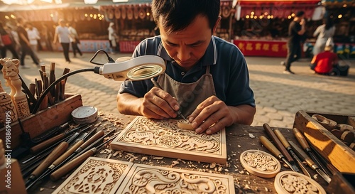 Artisan meticulously carves intricate wood designs with tools and magnifying lamp