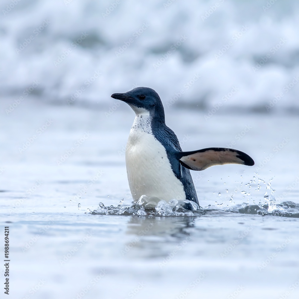 Obraz premium Little penguin swimming in icy water.