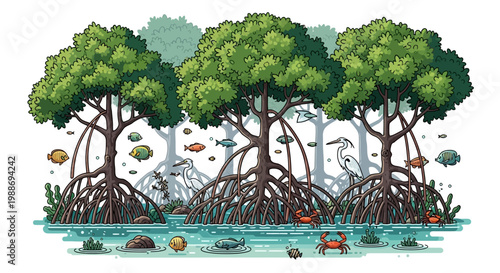 Colorful mangrove ecosystem illustration with diverse marine life