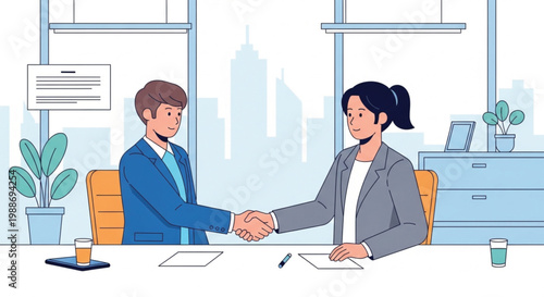 A professional team of smiling businesspeople and managers working together at a corporate office desk to discuss a contract during an executive meeting