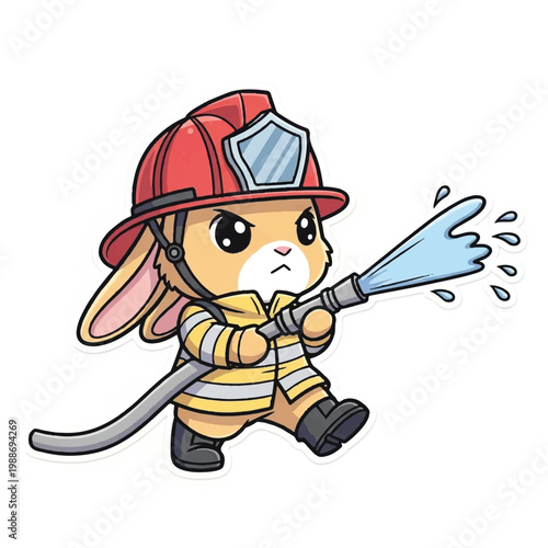 Cute cartoon bunny firefighter holding a hose spraying water.