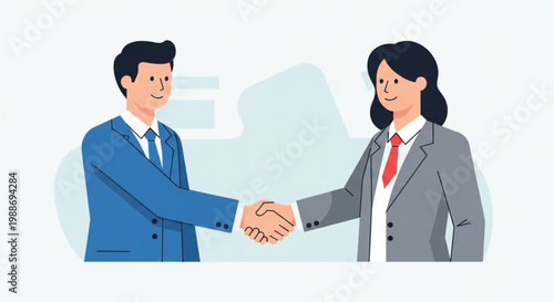 A professional businessman and businesswoman in suits share a successful handshake during an office meeting to seal a deal as a team