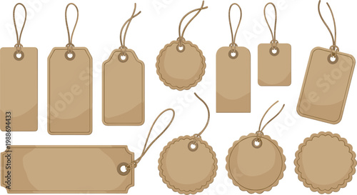 Rustic kraft paper tags vector set with brown cardboard labels and hanging twine strings for eco friendly packaging design