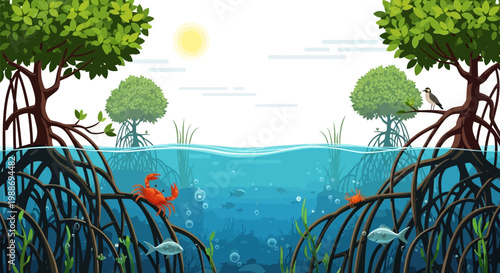 Illustration of Vibrant Mangrove Ecosystem with Marine Life