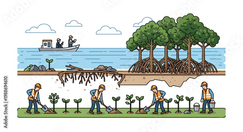 Illustration of Workers Planting Trees in Coastal Mangrove Restoration