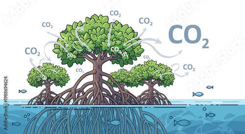 Mangrove trees absorbing CO2 in ocean ecosystem illustration