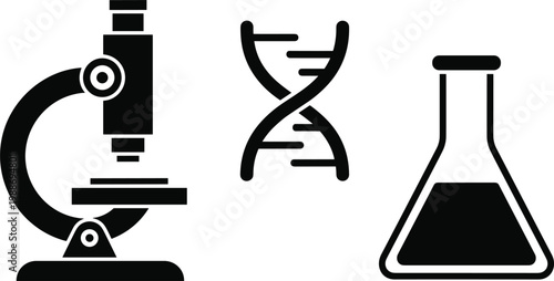 Science laboratory icon set with microscope DNA helix and chemical flask vector flat minimalist style for research
