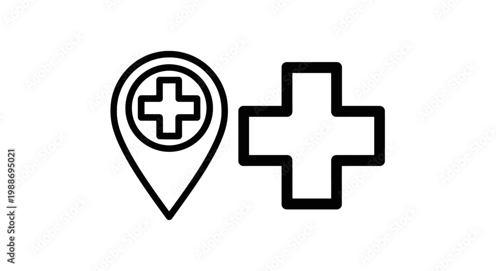 Fototapeta premium Hospital medical map location pin and cross vector icons with hospital location healthcare emergency navigation medicine facility treatment isolated