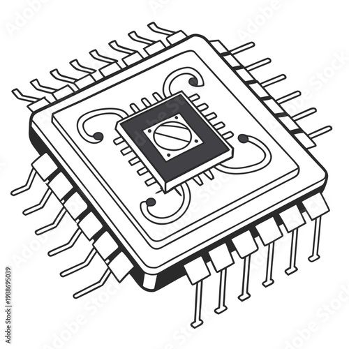 A microchip with a square shape and multiple pins