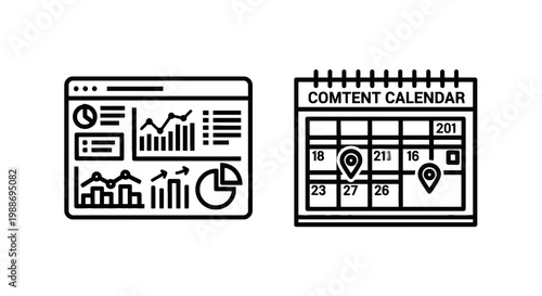 Set of website dashboard analytics and content schedule calendar outline icons with dashboard analytics calendar schedule business planning marketing