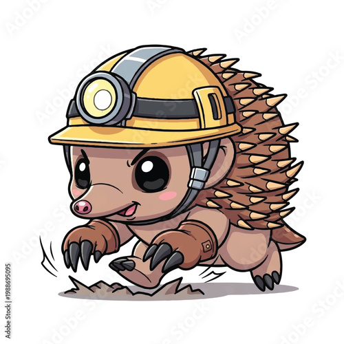 Cute Echidna Character Wearing Hard Hat and Gloves.