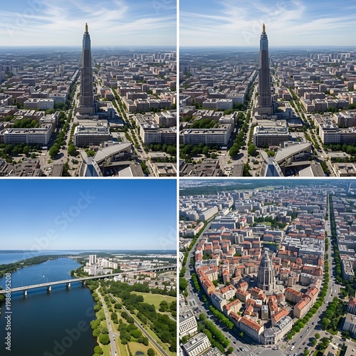 Aerial views of a modern city skyline, river, and historic district
