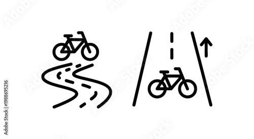 Linear icon set of bicycle symbols including a winding bike path and a one way cycling lane with direction indicator transportation transport directions