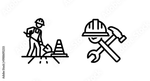 Set of construction icons featuring a worker digging with a shovel and a hard hat with crossed tools representing maintenance and site safety, building site