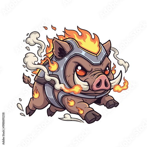 Fierce cartoon boar warrior with fiery mane and armor.