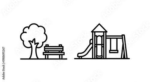 Public park playground vector line icons showing a shaded wooden bench by a tree and a child swing set for recreational area planning with playground