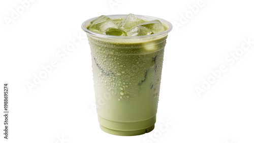 Obraz na plátně Iced matcha latte with condensation on plastic cup, isolated on transparent back