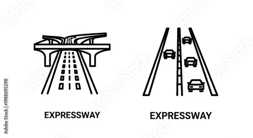 Set of expressway and highway symbols with cars on road icons expressway transportation infrastructure motorway junction transport speedway pictogram