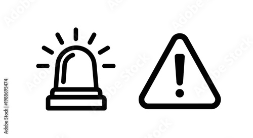Emergency alarm siren and warning caution sign icons with emergency attention triangle exclamation security notification prevention protection