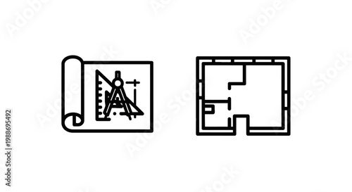 Architectural floor plan icons set including drafting scroll with compass and residential house layout sketch architecture blueprint drafting engineering