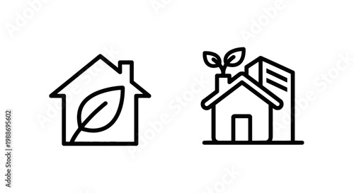 Eco friendly and green building icons featuring a house with a leaf and an office building with leaves on the roof building environment sustainable