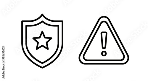 Security and safety warning icons featuring a shield with a star and an exclamation mark inside a triangle exclamation protection security graphics