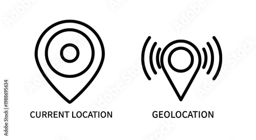 Current location and geolocation signal tracking outline icons with location geolocation tracking position navigation technology interface destination