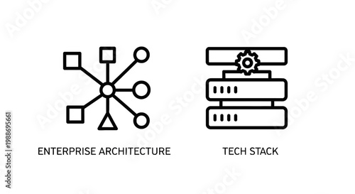 Enterprise architecture and tech stack network infrastructure icons with enterprise architecture infrastructure business software development planning