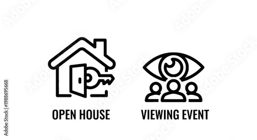 Real estate open house and viewing event icons with property marketing business residential purchase building location opportunity customer audition
