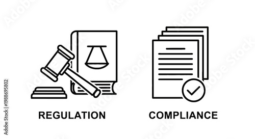 Regulation and compliance line icons representing legal standards and document verification processes with regulation compliance document verification