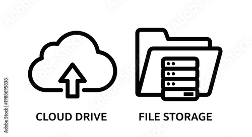 Cloud drive and data file storage icons with computing internet technology information database illustration infrastructure management platform