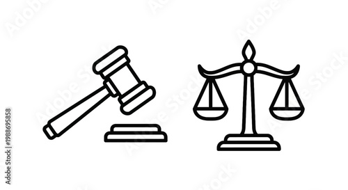 Gavel and weighing scale of justice thin line icons representing law legal system and court trial concepts with judgment authority government fairness
