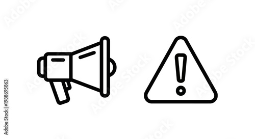 Megaphone and warning triangle thin line icons representing alert communication and safety precaution concepts with megaphone triangle attention security