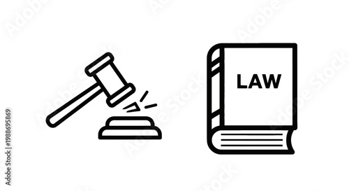 Gavel and legal book law concepts line icons with courtroom legislation judicial government sentence authority regulation education knowledge