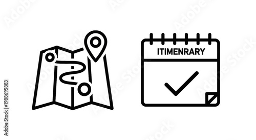 Travel map route and calendar itinerary planning icons with calendar itinerary planning destination location navigation schedule confirmed adventure