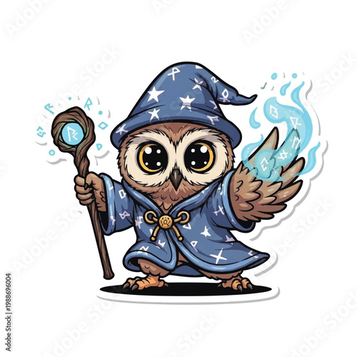 Cute cartoon owl wizard holding a magic staff and casting a spell.