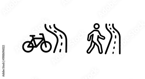 Minimalist vector line icons for bicycle path and pedestrian walkway symbols for transportation signage and urban planning navigation design with pedestrian