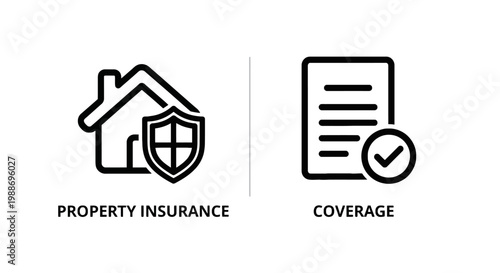 Property insurance and coverage icons set showing home protection shield and document paper with checkmark symbol representing real estate security, property
