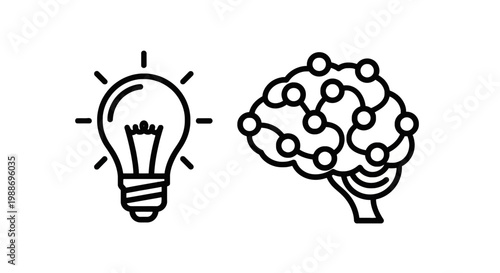 Brainstorming and innovation concept icons featuring light bulb idea symbol and neural network human brain graphic representing intellectual thought