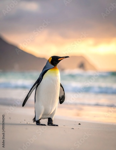 King penguin on sandy beach sunset.