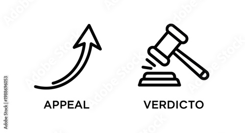 Appeal and verdict legal icon set for justice and courtroom procedures with judgment courtroom decision advocacy litigation authority legislation