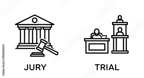 Jury and trial court icons depicting courthouse building with gavel and people in courtroom setting representing judicial system and legal process, courtroom