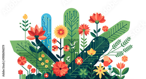 This vibrant image beautifully blends floral elements with circuit board motifs. Ideal for concepts relating to eco-tech, sustainability, or innovatio
